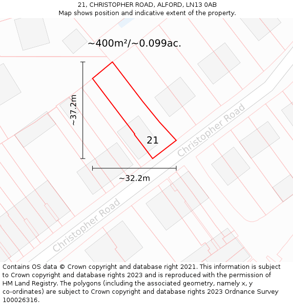 21, CHRISTOPHER ROAD, ALFORD, LN13 0AB: Plot and title map