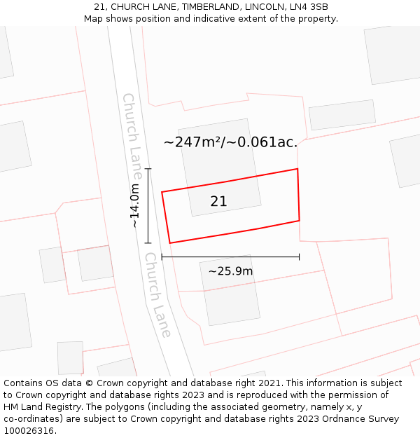 21, CHURCH LANE, TIMBERLAND, LINCOLN, LN4 3SB: Plot and title map