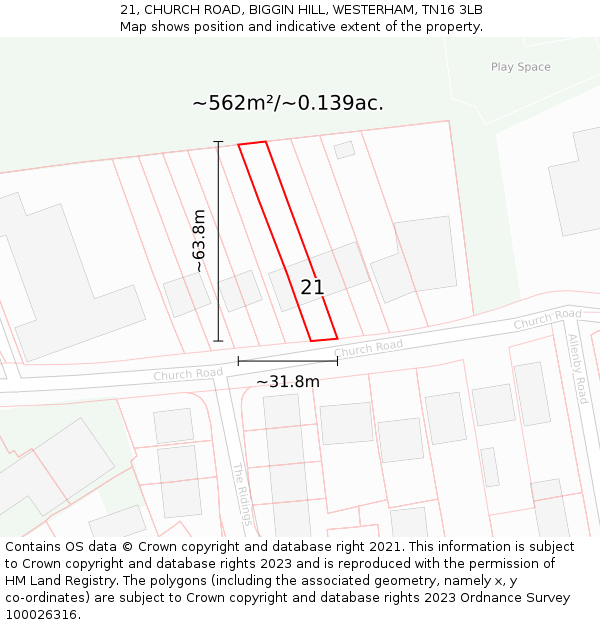 21, CHURCH ROAD, BIGGIN HILL, WESTERHAM, TN16 3LB: Plot and title map