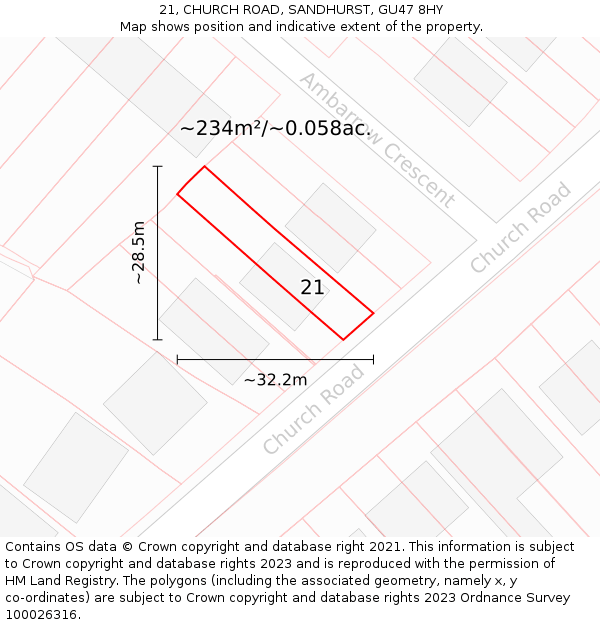 21, CHURCH ROAD, SANDHURST, GU47 8HY: Plot and title map