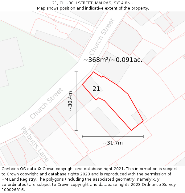 21, CHURCH STREET, MALPAS, SY14 8NU: Plot and title map
