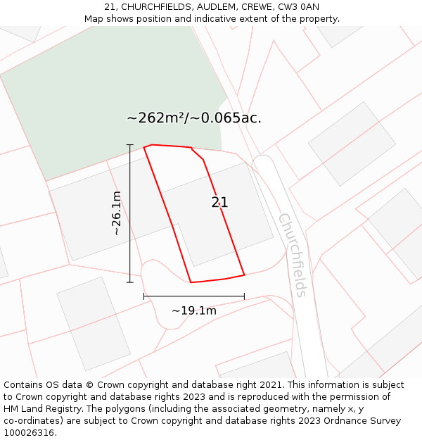 21, CHURCHFIELDS, AUDLEM, CREWE, CW3 0AN: Plot and title map