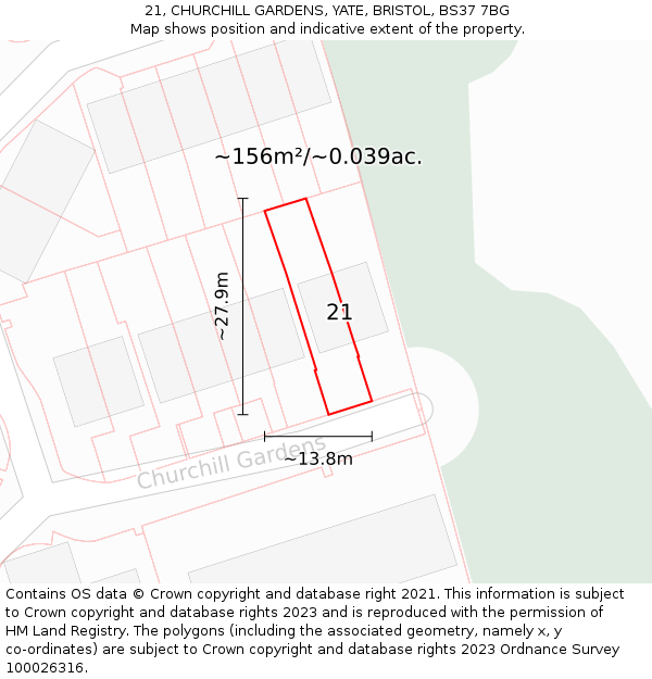 21, CHURCHILL GARDENS, YATE, BRISTOL, BS37 7BG: Plot and title map