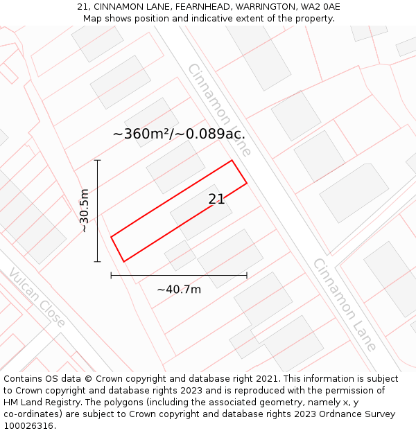 21, CINNAMON LANE, FEARNHEAD, WARRINGTON, WA2 0AE: Plot and title map