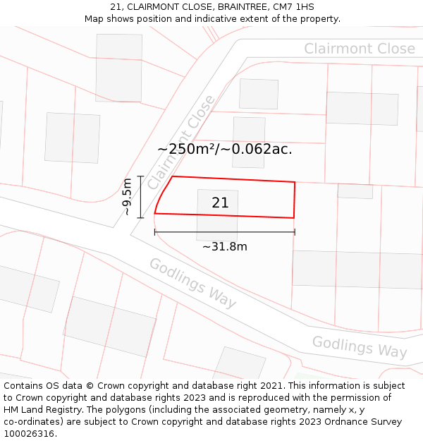 21, CLAIRMONT CLOSE, BRAINTREE, CM7 1HS: Plot and title map