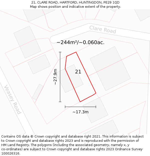 21, CLARE ROAD, HARTFORD, HUNTINGDON, PE29 1QD: Plot and title map