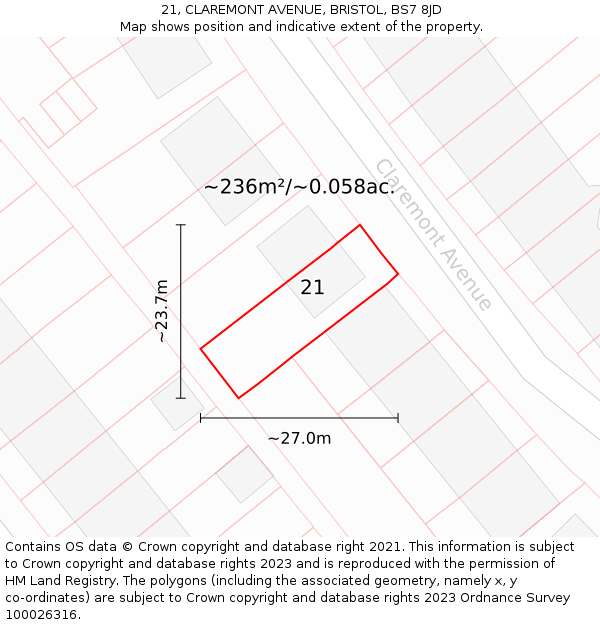 21, CLAREMONT AVENUE, BRISTOL, BS7 8JD: Plot and title map