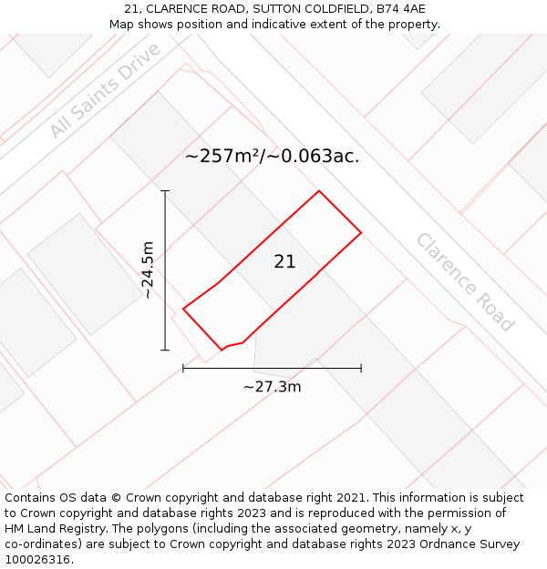 21, CLARENCE ROAD, SUTTON COLDFIELD, B74 4AE: Plot and title map