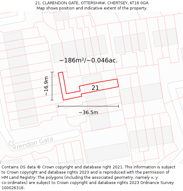 21, CLARENDON GATE, OTTERSHAW, CHERTSEY, KT16 0GA: Plot and title map