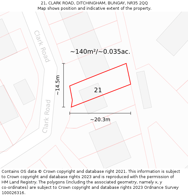 21, CLARK ROAD, DITCHINGHAM, BUNGAY, NR35 2QQ: Plot and title map
