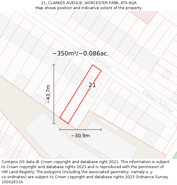 21, CLARKES AVENUE, WORCESTER PARK, KT4 8QA: Plot and title map
