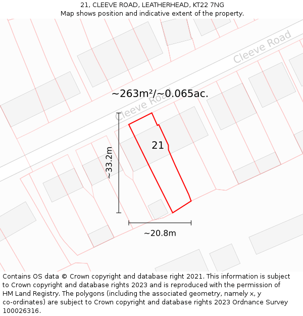 21, CLEEVE ROAD, LEATHERHEAD, KT22 7NG: Plot and title map