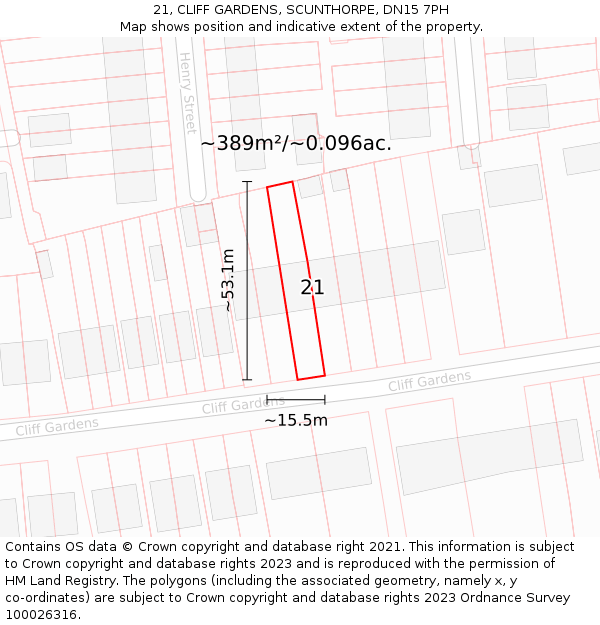 21, CLIFF GARDENS, SCUNTHORPE, DN15 7PH: Plot and title map