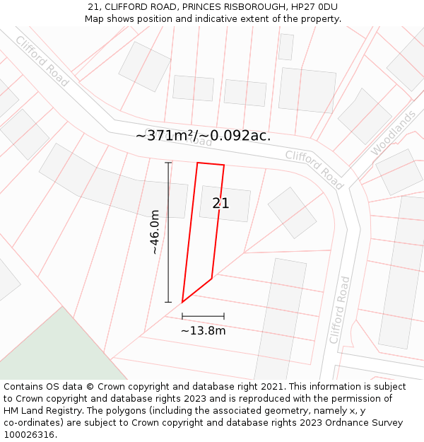 21, CLIFFORD ROAD, PRINCES RISBOROUGH, HP27 0DU: Plot and title map