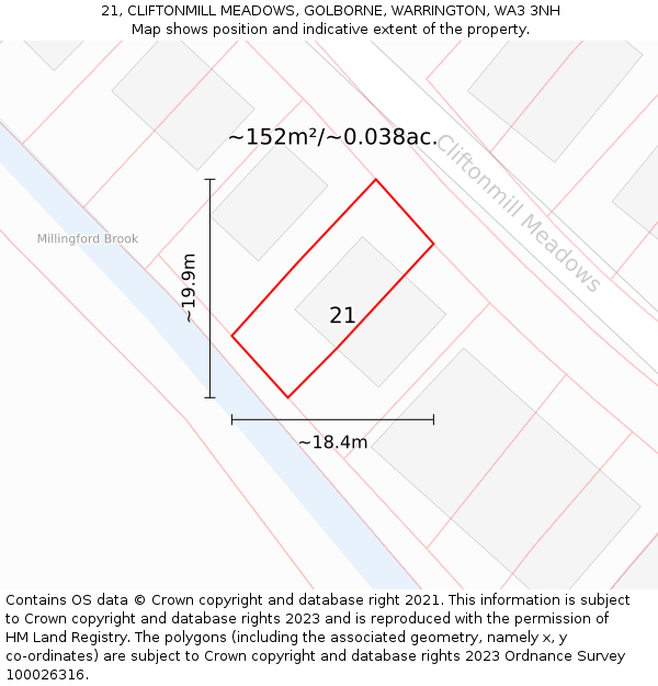 21, CLIFTONMILL MEADOWS, GOLBORNE, WARRINGTON, WA3 3NH: Plot and title map