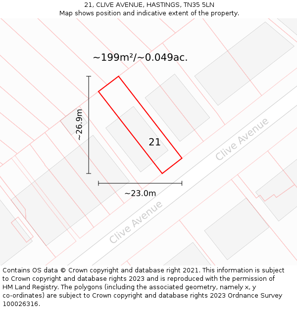 21, CLIVE AVENUE, HASTINGS, TN35 5LN: Plot and title map