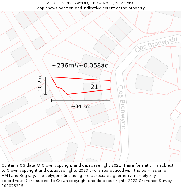 21, CLOS BRONWYDD, EBBW VALE, NP23 5NG: Plot and title map