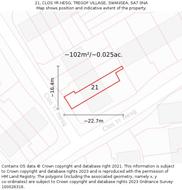 21, CLOS YR HESG, TREGOF VILLAGE, SWANSEA, SA7 0NA: Plot and title map