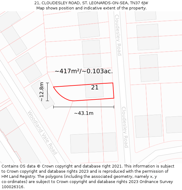 21, CLOUDESLEY ROAD, ST. LEONARDS-ON-SEA, TN37 6JW: Plot and title map