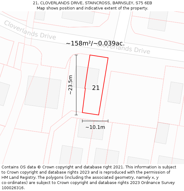 21, CLOVERLANDS DRIVE, STAINCROSS, BARNSLEY, S75 6EB: Plot and title map