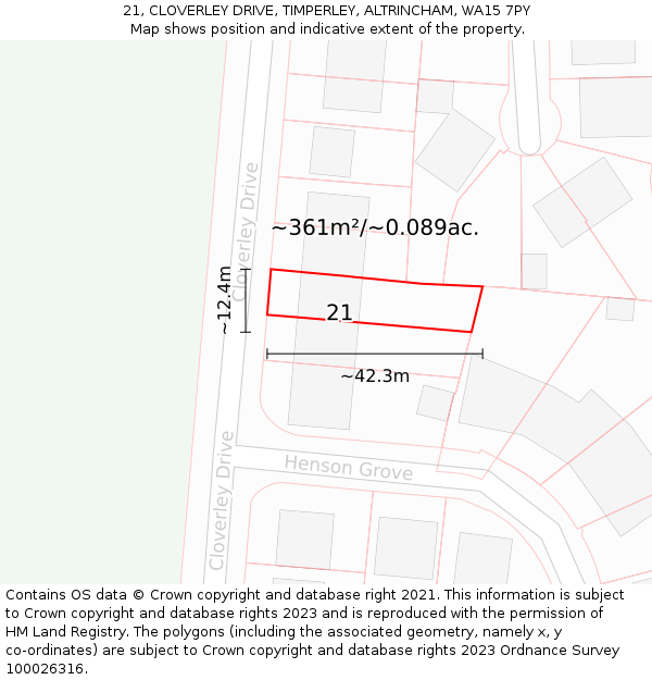 21, CLOVERLEY DRIVE, TIMPERLEY, ALTRINCHAM, WA15 7PY: Plot and title map