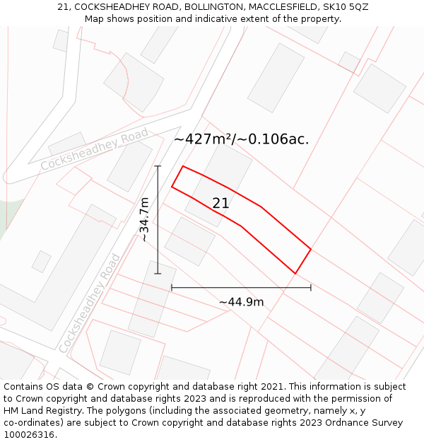 21, COCKSHEADHEY ROAD, BOLLINGTON, MACCLESFIELD, SK10 5QZ: Plot and title map