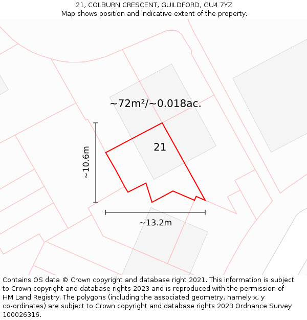 21, COLBURN CRESCENT, GUILDFORD, GU4 7YZ: Plot and title map
