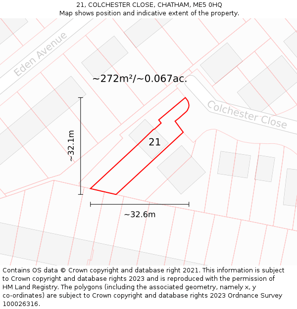 21, COLCHESTER CLOSE, CHATHAM, ME5 0HQ: Plot and title map