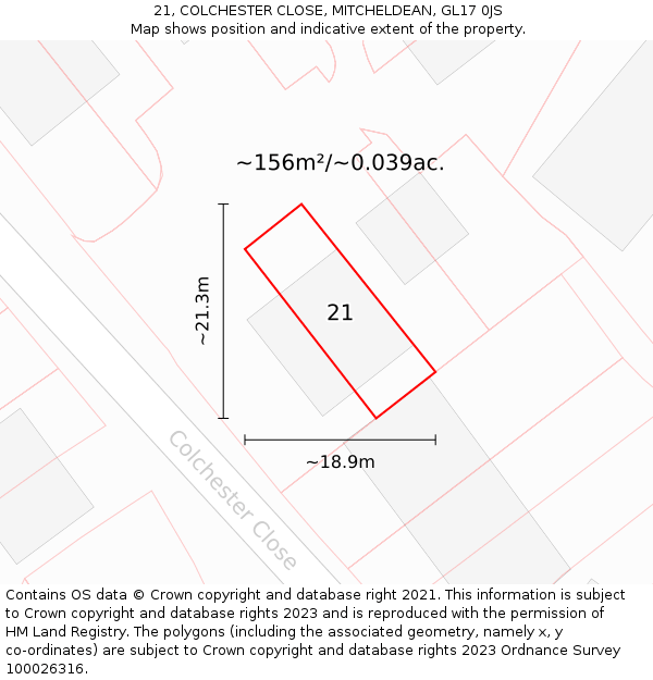 21, COLCHESTER CLOSE, MITCHELDEAN, GL17 0JS: Plot and title map