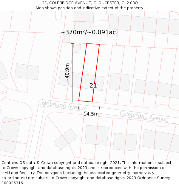 21, COLEBRIDGE AVENUE, GLOUCESTER, GL2 0RQ: Plot and title map
