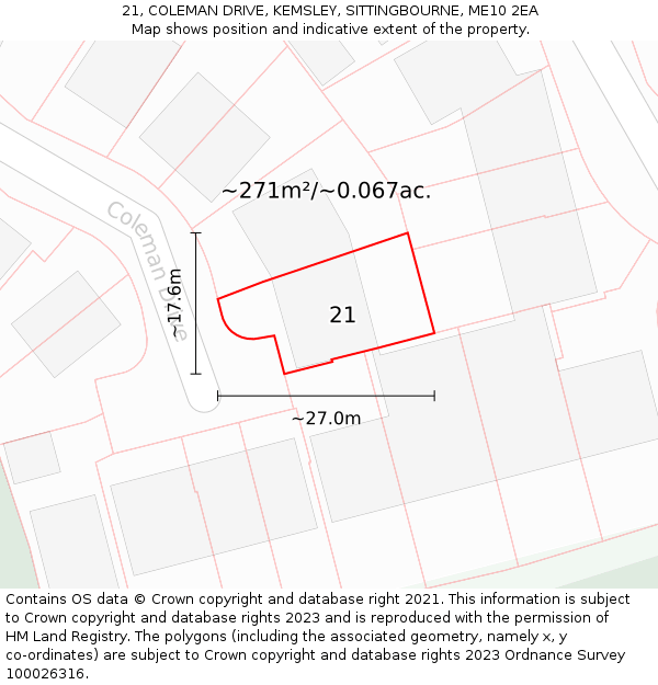 21, COLEMAN DRIVE, KEMSLEY, SITTINGBOURNE, ME10 2EA: Plot and title map