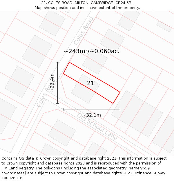 21, COLES ROAD, MILTON, CAMBRIDGE, CB24 6BL: Plot and title map