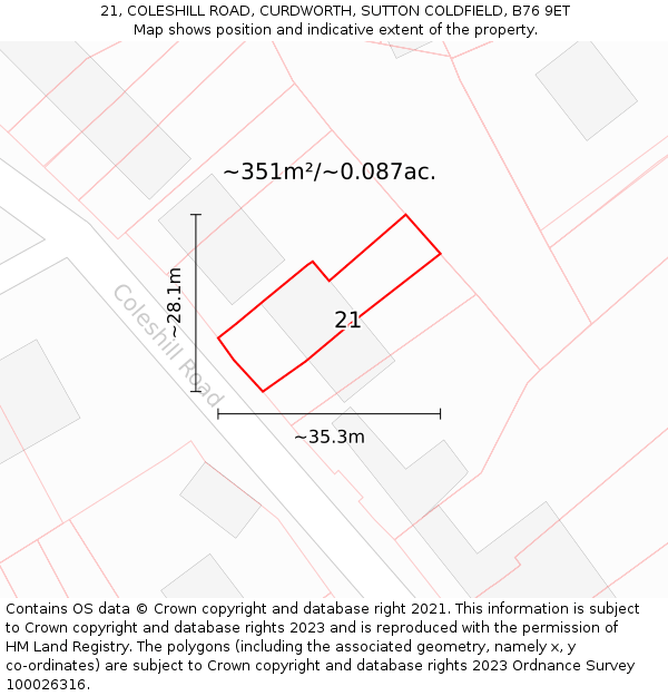21, COLESHILL ROAD, CURDWORTH, SUTTON COLDFIELD, B76 9ET: Plot and title map
