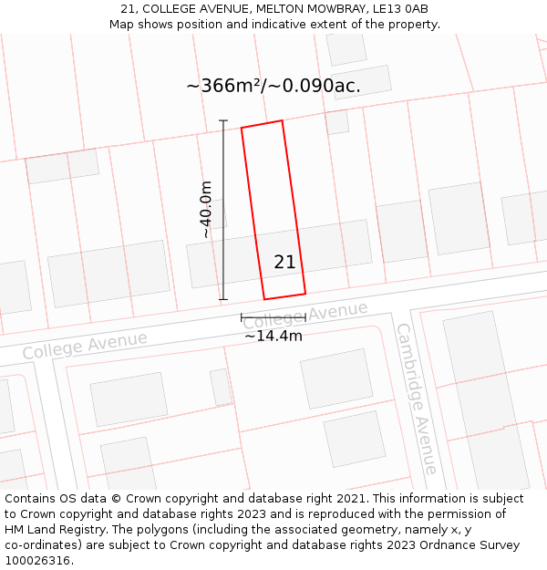 21, COLLEGE AVENUE, MELTON MOWBRAY, LE13 0AB: Plot and title map