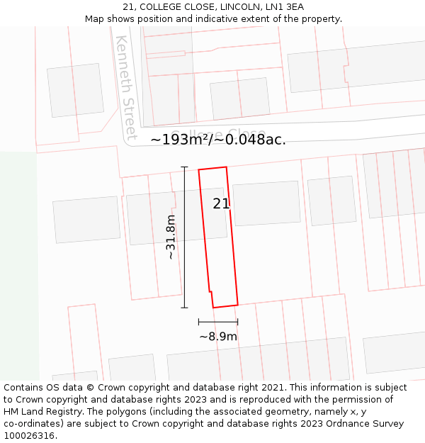 21, COLLEGE CLOSE, LINCOLN, LN1 3EA: Plot and title map