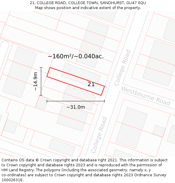 21, COLLEGE ROAD, COLLEGE TOWN, SANDHURST, GU47 0QU: Plot and title map