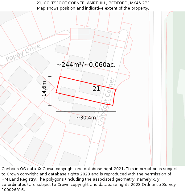 21, COLTSFOOT CORNER, AMPTHILL, BEDFORD, MK45 2BF: Plot and title map