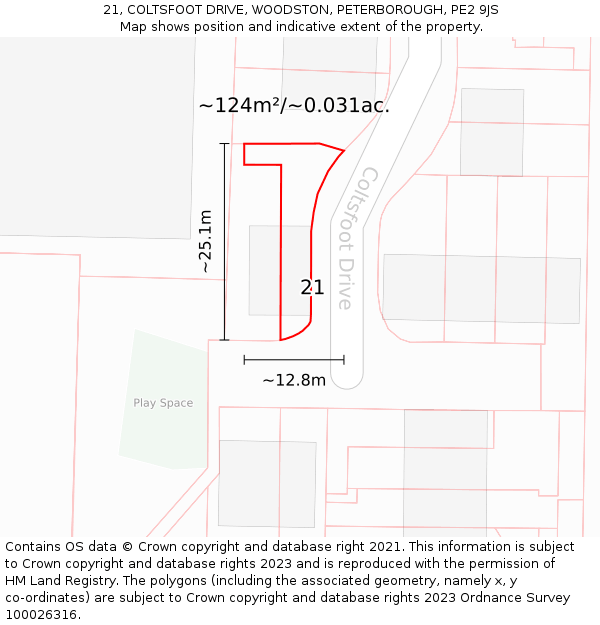 21, COLTSFOOT DRIVE, WOODSTON, PETERBOROUGH, PE2 9JS: Plot and title map