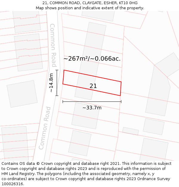 21, COMMON ROAD, CLAYGATE, ESHER, KT10 0HG: Plot and title map