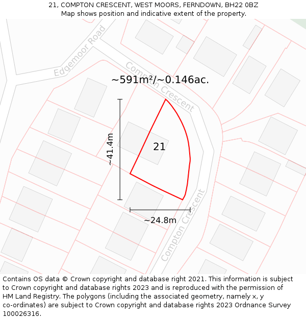 21, COMPTON CRESCENT, WEST MOORS, FERNDOWN, BH22 0BZ: Plot and title map