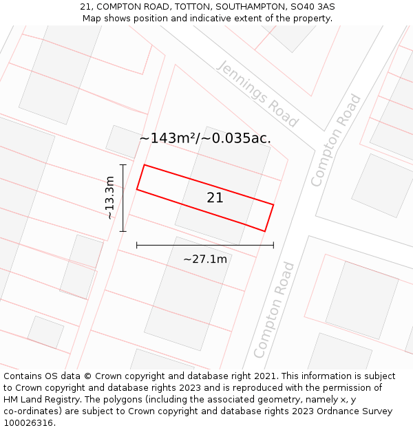 21, COMPTON ROAD, TOTTON, SOUTHAMPTON, SO40 3AS: Plot and title map