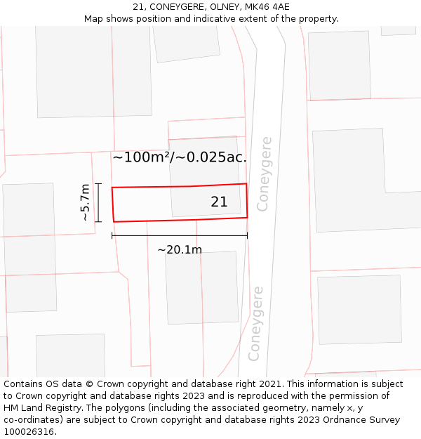 21, CONEYGERE, OLNEY, MK46 4AE: Plot and title map