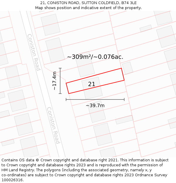 21, CONISTON ROAD, SUTTON COLDFIELD, B74 3LE: Plot and title map