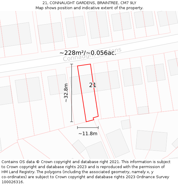 21, CONNAUGHT GARDENS, BRAINTREE, CM7 9LY: Plot and title map