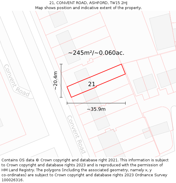 21, CONVENT ROAD, ASHFORD, TW15 2HJ: Plot and title map