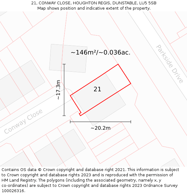 21, CONWAY CLOSE, HOUGHTON REGIS, DUNSTABLE, LU5 5SB: Plot and title map
