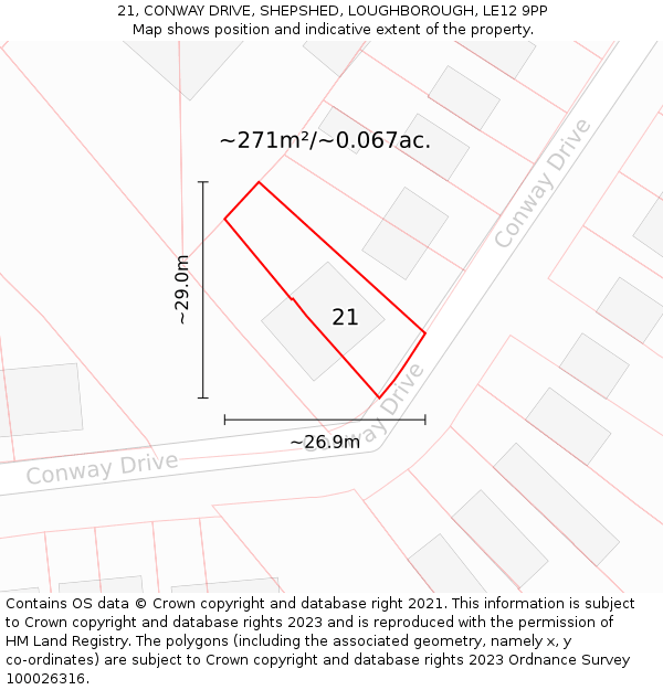 21, CONWAY DRIVE, SHEPSHED, LOUGHBOROUGH, LE12 9PP: Plot and title map