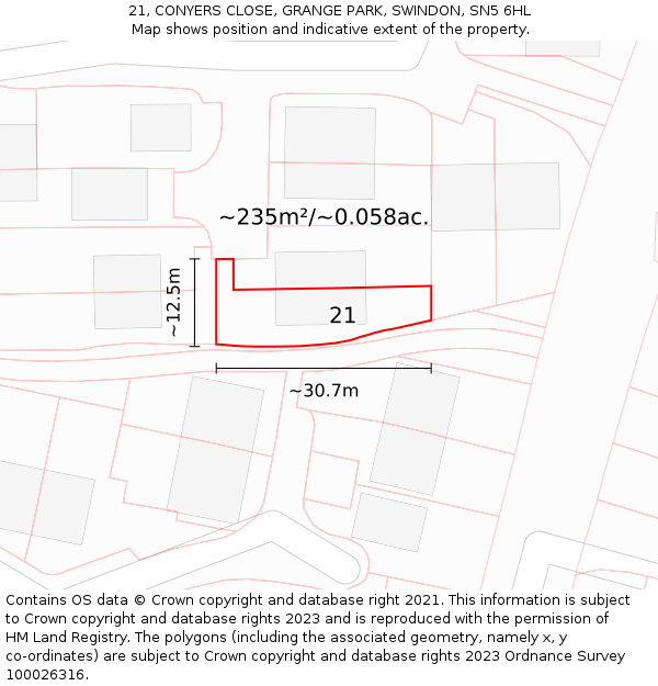 21, CONYERS CLOSE, GRANGE PARK, SWINDON, SN5 6HL: Plot and title map