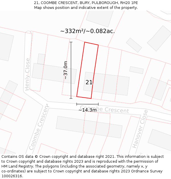 21, COOMBE CRESCENT, BURY, PULBOROUGH, RH20 1PE: Plot and title map