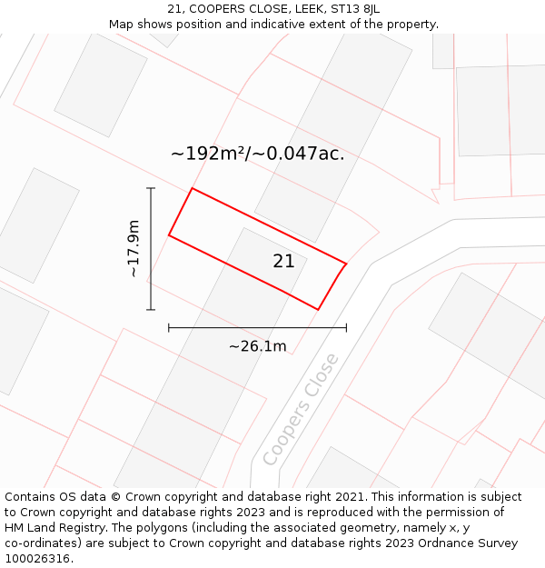 21, COOPERS CLOSE, LEEK, ST13 8JL: Plot and title map